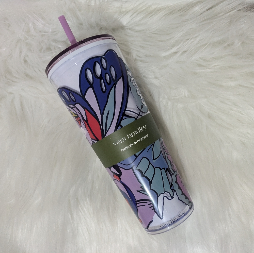 Vera Bradley Acrylic Tumbler With Straw Butterfly Design New!